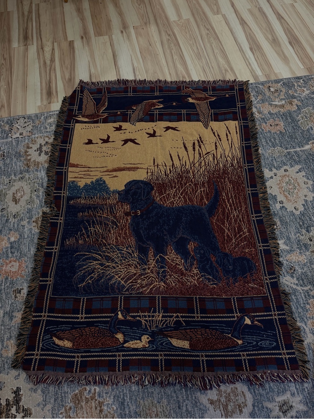 Vintage 1994 Black Lab Duck Hunt Tapestry Blanket
